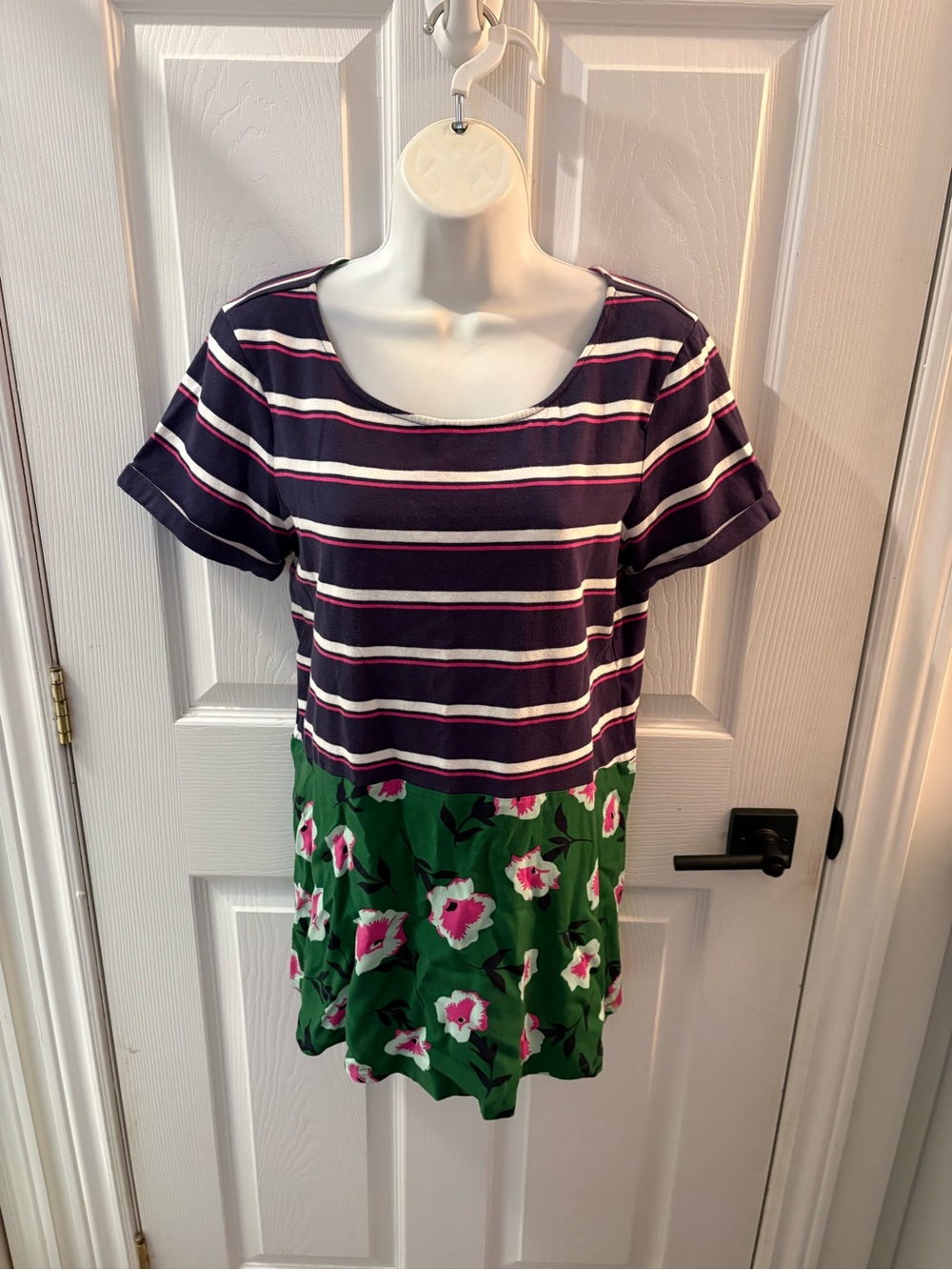 Anthropologie Navy, White & Green Striped Top with Floral Skirt Dress